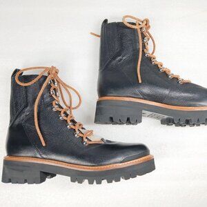 Marc Fisher LTD Black Leather Lug Sole Combat Boots 8M Shearling
